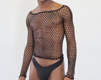 Black Gay Fishnet Body Sock Shirt, Men Fishnet Shirt Mens Fishnet Top Mesh Transparent Long Sleeve Muscle T-Shirt Net Top
