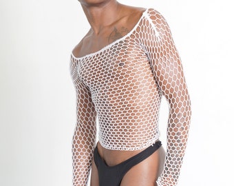White Gay Fishnet Body Sock Shirt, Men Fishnet Shirt Mens Fishnet Top Mesh Transparent Long Sleeve Muscle T-Shirt Net Top