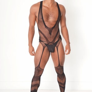 Black V Fishnet Bodysuit, Men Costume Full Body stockings Fishnet Bodysuit Gay Sissy Underwear Fetish Wear