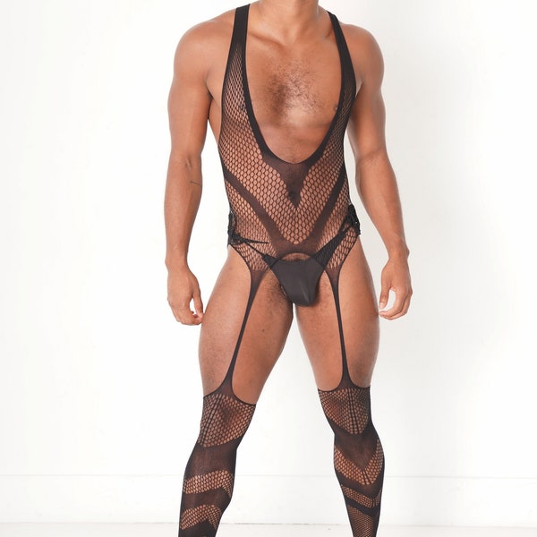 Black V Fishnet Bodysuit, Men Costume Full Body stockings Fishnet Bodysuit Gay Sissy Underwear Fetish Wear