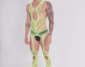 Yellow Green Hollow Fishnet Bodysuit