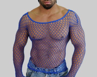 Blue Men's Hippy Party Club Dancing T Shirt Mesh Fishnet Long Sleeve