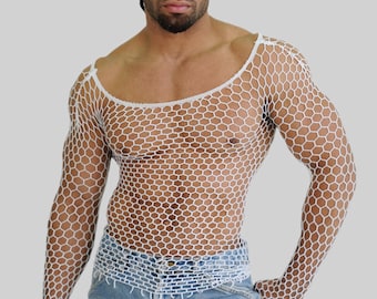 White Men's Hippy Party Club Dancing T Shirt Mesh Fishnet Long Sleeve