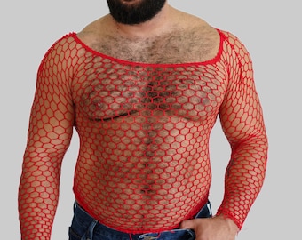 Red Men's Hippy Party Club Dancing T Shirt Mesh Fishnet Long Sleeve