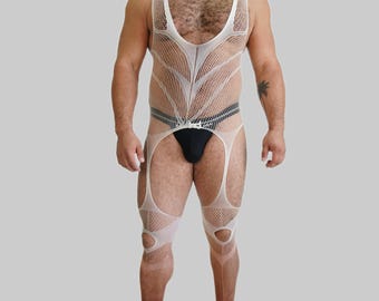Gradient White-Brown Fishnet Mesh Sleeveless Bodysuit Men’s Festival Clubwear Stretch Net