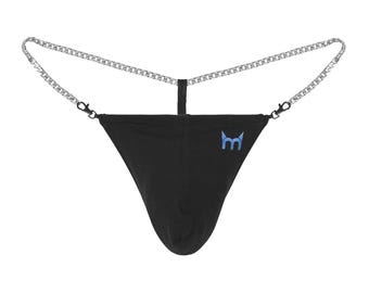 Black Men’s Luxury Chain G-String - Adjustable Gold or Silver Hardware, Premium Cotton Resort Wear, Minimalist Designer Swimwear & Underwear