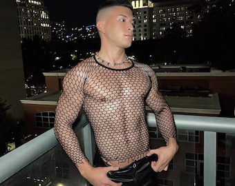 Rockstar Fishnet Mesh Shirt, Men's Fishnet T Shirt See Through Mesh Casual Muscle Tee Blouse Long Sleeve