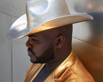 Cappello da cowboy a tesa larga color oro metallizzato, cappello da cowboy spaziale, tesa larga, cowboy, cappello da cowgirl, fedora, visiera esclusiva