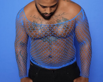 Blue Gay Fishnet Body Sock Shirt, Men Fishnet Shirt Mens Fishnet Top Mesh Transparent Long Sleeve Muscle T-Shirt Net Top
