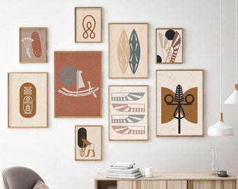 May include: A set of 10 minimalist wall art prints featuring geometric shapes and abstract designs in shades of brown, beige, and black. The prints are arranged in a grid pattern on a white wall.