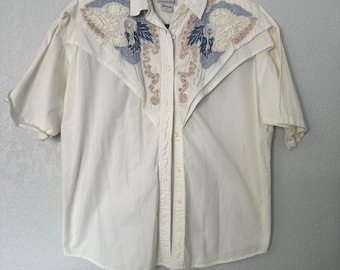 Vintage 90s At Last Studio Embroidered Western Shirt Beaded Floral Yoke Top Med