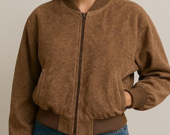 Wilsons Leather Vintage 80s Bomber Jacket Taupe Faux Suede, Retro Streetwear