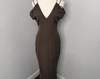 Vintage Minimalist Silk Column Dress Beaded Straps Cold Shoulder 100% Silk