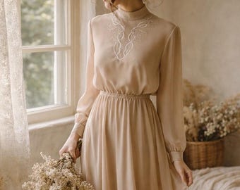 Vintage 1970s Alfred Dunner Dee Sharron Chiffon Prairie Dress Cottagecore Boho