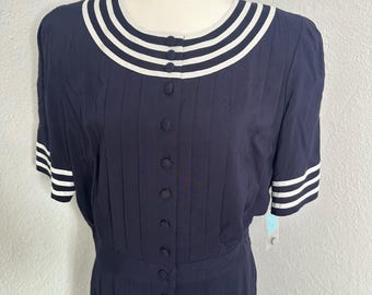 NWT Vintage Navy Blue Sailor Nautical Inspired Dress White Stripe Midi Womens 16