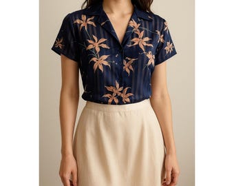 Vintage Kenar Navy Blue Floral Print 100% Silk Short Sleeve Button Up Blouse