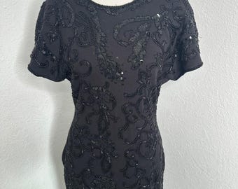 Vintage 1990s Carmen Marc Valvo Dress Black Beaded Sequin Cocktail Party Evening