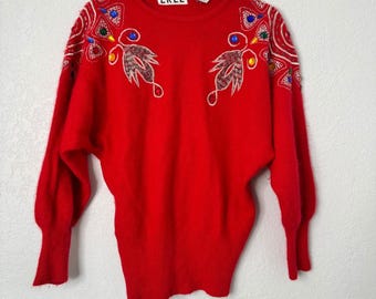 Retro Red 80s Beaded Sweater | Vintage Glam Knit | Jewel Shoulder Angora Look
