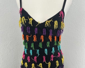 Vintage 70s 80s Modet of California black sheath tassel fringe dress women's LGE