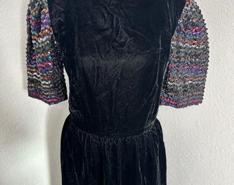 Ricki Lang for Nuit Black Velvet Sequin Sleeve Dress Vintage Party Cocktail