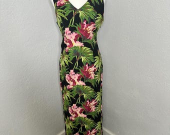 Vintage Ilyse Hart Tropical Floral Rayon Maxi Dress 80s-90s Resort Vibes Size 8