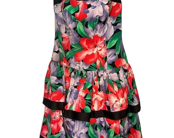 Vintage 1980a A.J. Bari Floral Strapless Dress Tiered Ruffle Bow dress