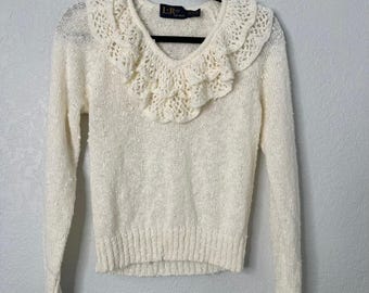 VTG Ivory Ruffle Lace Collar Sweater Romantic Cottagecore Coquette Pullover S