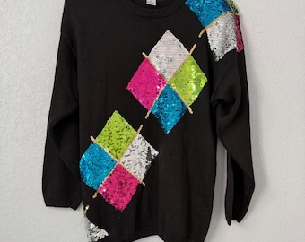 Victoria Harbour Vintage Black Sequin Diamond Geometric Sweater Womens Medium