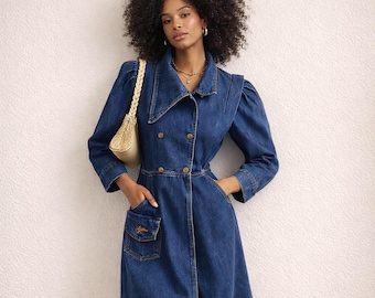 70s Santista Fantalai Denim Trench Dress – Brazilian Indigo Double Breasted Midi