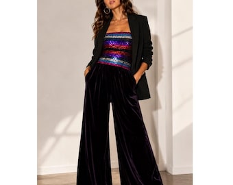 Vintage Rainbow Sequin Velvet Strapless Jumpsuit • 70s Disco Palazzo Glam