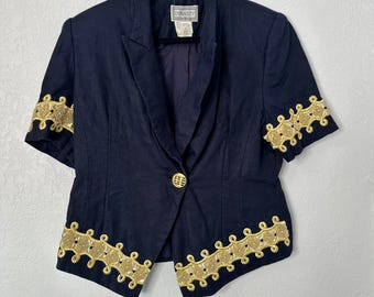 Vintage Dynasty Navy Gold Beaded Linen Blazer 80s Glam Power Jacket