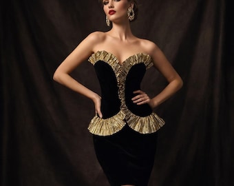 Vintage Karen Okada Black Velvet Gold Lamé Ruffle Peplum Strapless Dress