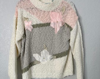 Vintage Shenanigans Floral Knit Sweater | Pastel 80s Appliqué Cottagecore Med