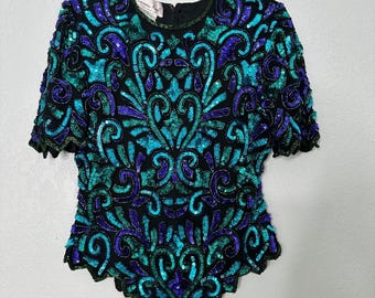 Vintage Laurence Kazar Beaded sequin Silk Top – Peacock Glam Party L 80s teal