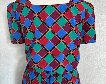 Vintage 1980s Sasson Two Piece Set Women's 8 – Argyle Geometric top and midi