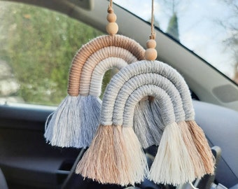 Beige Macrame Rainbow Car Diffuser Key Pendant Boho Car Charm Wall Hanging Natural Materials Recycled Cotton Cord Wooden Beads