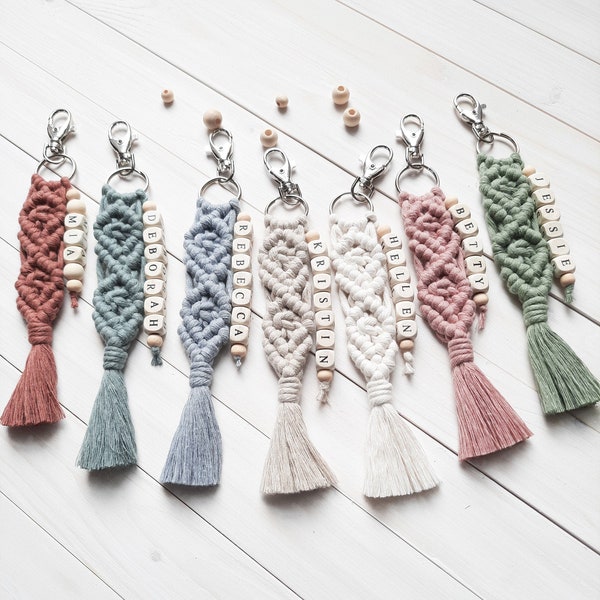 Name Key Chain Customized Keychain Friends Gift Personalized Gifts  Macrame Keychain Beaded Gift For Mom Recycled Cotton Cord Wooden Beads