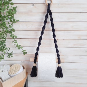 Porta carta igienica in macramè nero, portaoggetti per il bagno, accessori per il bagno, porta rotolo di carta igienica da appendere alla parete in macramè, bagno in stile bohémien