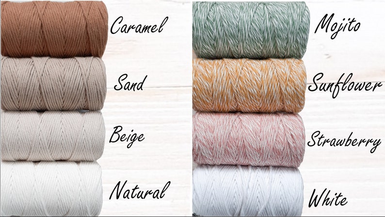 May include: Four rows of cotton cord in various colours, including caramel, sand, beige, natural, mojito, sunflower, strawberry, and white. The cords are arranged in a vertical stack, with the colours alternating between the left and right sides of the image.