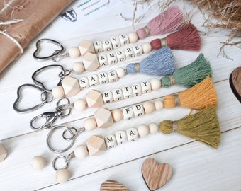 Wood Bead Tassel Keychain Wooden Beads Name Customized Keychain Personalized Gift Cute Car Accessories Bag Charm Heart Key Chain