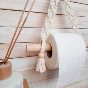 Porta carta igienica naturale, decorazione da parete in macramè, decorazione per il bagno, decorazione nordica, regalo per la nuova casa, corda di cotone riciclato, bianco sporco, legno naturale