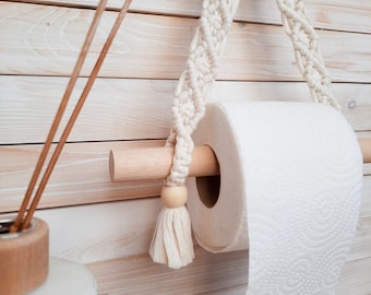 Soporte de papel higiénico natural Macrame pared colgante decoración del baño decoración nórdica nuevo regalo del hogar cordón de algodón reciclado de madera natural blanca