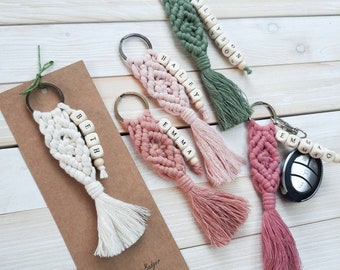 Boho Keychain With Name, Custom Key Chain, Customized Keychain, Bridesmaid Gifts, Wooden Name Tag, Soft Cotton Cord, Personalized Key Ring