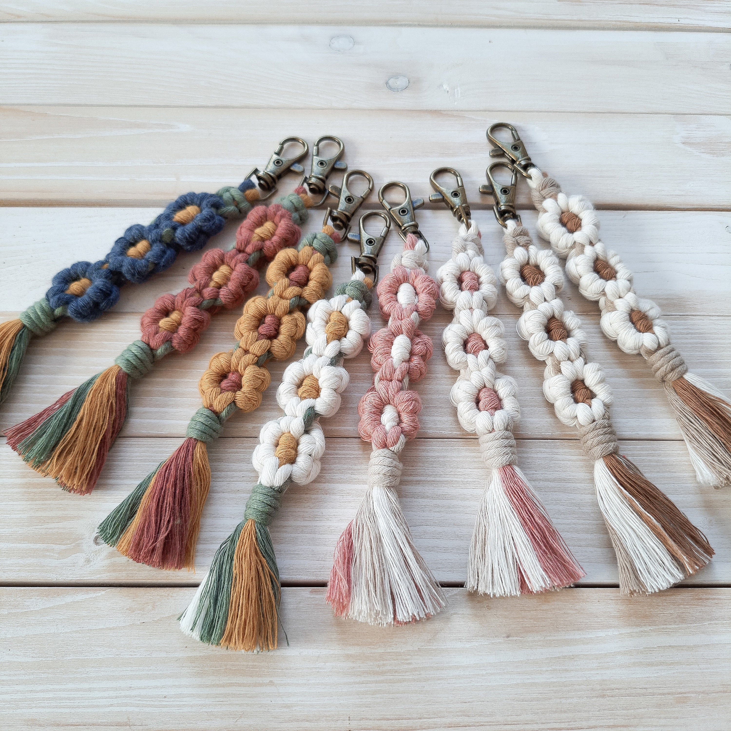 Shop Suey Boutique Hand Embroidered Floral Keychains | Handmade Flower Keychain | Boho Natural Wood Thread Tassel Orange Wildflower