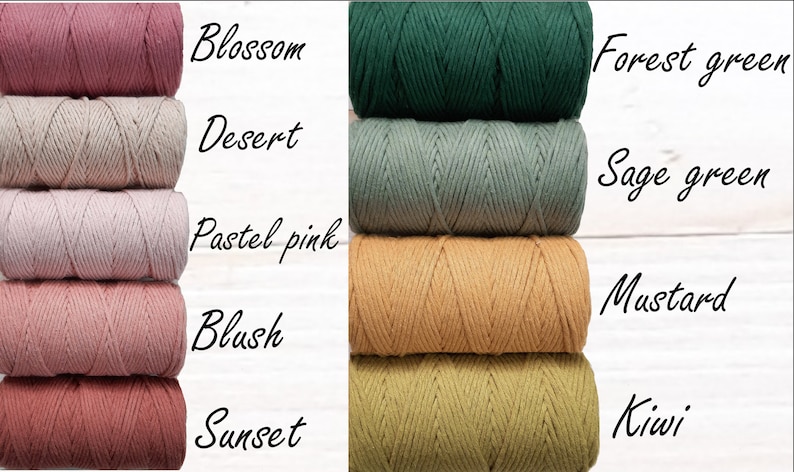 May include: Five spools of cotton cord in various colours, including blush, sunset, desert, pastel pink, and blossom.  On the right side of the image, five spools of cotton cord in various colours, including forest green, sage green, mustard, and kiwi.