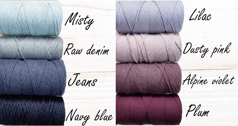 May include: Four spools of cotton cord in shades of blue, from light blue to dark blue, labelled "Misty", "Raw denim", "Jeans", and "Navy blue". Four spools of cotton cord in shades of purple, from light purple to dark purple, labelled "Lilac", "Dusty pink", "Alpine violet", and "Plum".