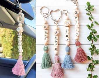 Portachiavi con nome personalizzato Perline di legno Nome Portachiavi personalizzato Regalo personalizzato Accessori per auto carini Portachiavi con ciondolo a forma di cuore