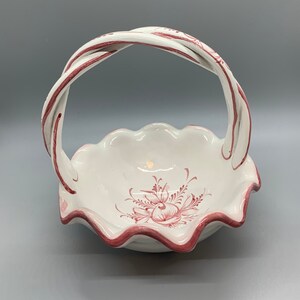 1980s RCCL Portugal Ceramic Basket - White with pink floral hand painted accents - scalloped edge  -Woven Handle -5 1/4 inch diameter