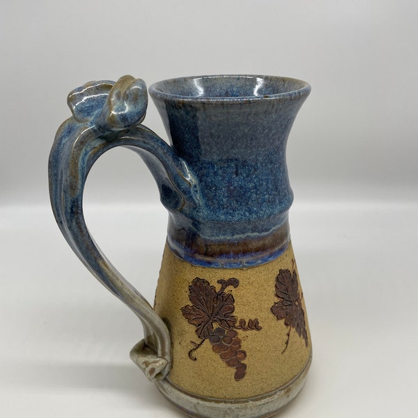 Studio Art Pottery Pitcher -Glazed upper and interior-unglazed base-Grape /Grapevine Motif-signed by maker - 8 1/2 inches tall