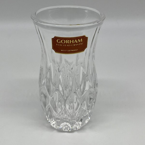 Vintage Gorham West Germany Lead Crystal Small Vase - Clear heavy bottom vase - Original Label  3 5/8 inches tall - 1970s/80s